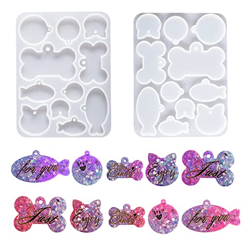 Nifocc 11 Hohlraum Hundemarke Schlüsselbund Silikonform Hundeknochen Förmige Epoxidharz Formen Anhänger Schmuck Gussform Pet Tag Fisch Katze Rund Kristall Casting Form mit Löchern für DIY Basteln