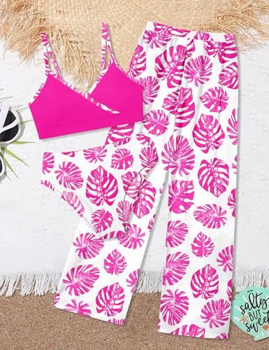 Image of Oranchids Girls Swimsuit Girl Bathing Suit Size 8-10 3 Piece Tropical Print V Neck Bikini Set with Cover Up Pants Bathing Suits for Girls Size 10 Swimsuit Hot Pink Size 9-10