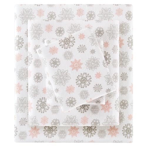 True North by Sleep Philosophy Cozy Flannel Warm 100% Cotton Sheet - Novelty Print Animals Stars Cute Ultra Soft Cold Weather Bedding Set, King, Pink/Grey Snowflakes 4 Piece
