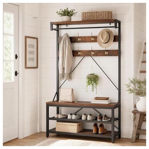 IDEALHOUSE Coat Rack Shoe Bench, 4-in-1 Hall Tree Storage Bench for Entryway, Wood Look Accent Large Shoe Rack Bench with Storage Shelf Hanging Bar,8 Hooks Rustic Brown 39.9"x15.7"x72"