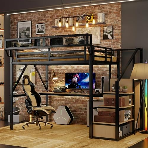 Aurnienofus Full Size Loft Bed with Desk & Stairs, Metal Gaming Loft Bed with LED Light & Charging Station, High Loft Beds Full with Upper Storage Shelf & Wardrobe for Kids, Teens, Adults, Black