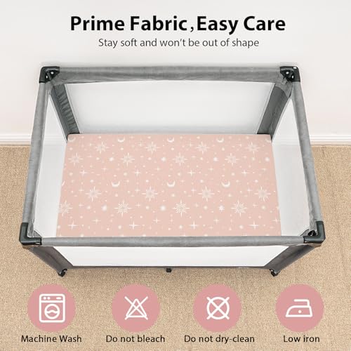 Baby Mini Crib Sheets Girl, Portable 38”x26” Pack and Play Sheets Fitted for Playard and Pack N Play Mattress, 3-Pack Soft Microfiber Pink Stars