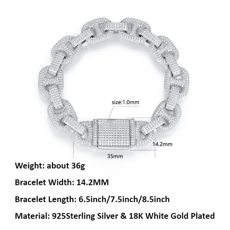 14.2MM Width Mens Moissanite Bracelet Cuban Luxury Silver Diamond Bracelets for Women Diamond Cuban link Chain Women Moissanite Chain for Men Hip Hop 6.5 7.5 8.5inch4