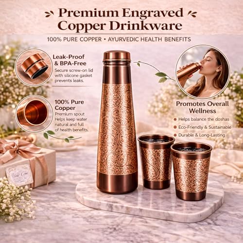 Image of JAIPUR ACE Hammered Pure Copper Water Bottle with Glass Set | 100% Copper Bottle Set | Leak Proof, Ayurvedic Health Benefits, Premium Design Gift Set for Home, Office, Gifting (3d Engraving)