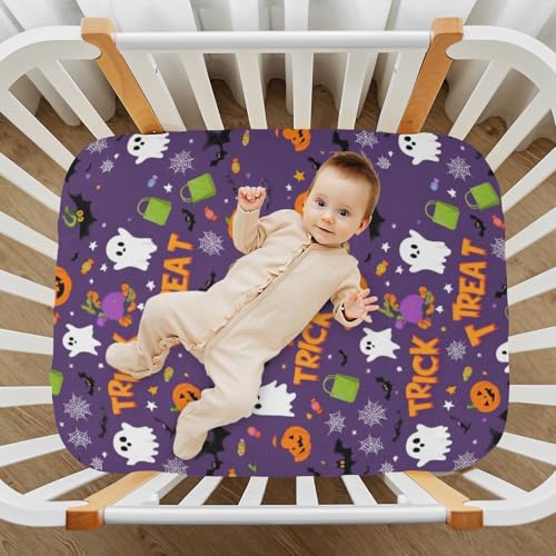 Image of Caikeny Fitted Crib Sheet for Boys Girls Halloween White Ghost Pumpkin Baby Crib Sheets Bassinet Sheets Crib Mattress Bed Sheets for Toddler Newborn Infant 27 x 39 in