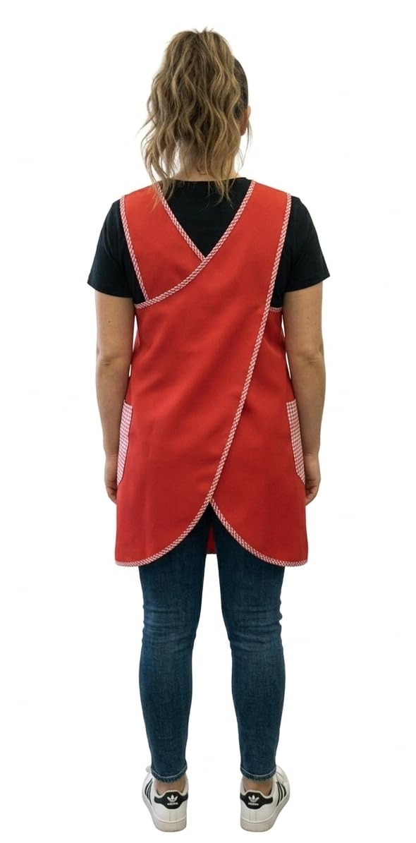 Galba®.Bata Cruzada de Maestra · Color Rojo · Bolsillos Vichy Delantal japonés sin mangas · Talla L/XL · Con regalo incluido
