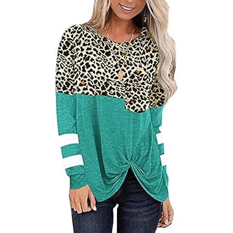 Womens Tunics Tops Long Sleeve Shirts Round Neck Loose Fit Twist Knotted Leopard Print Striped Colorblock Fall Tunic Blouses, Blue, XL Cover