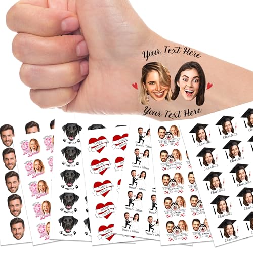 Personalized Face Tattoos with Logo Custom Temporary Tattoos with Photos for Adult Couples Women Men Custom Name Tattoo for Friends Family Xmas Birthday Bachelor Party - 1 Set of 15