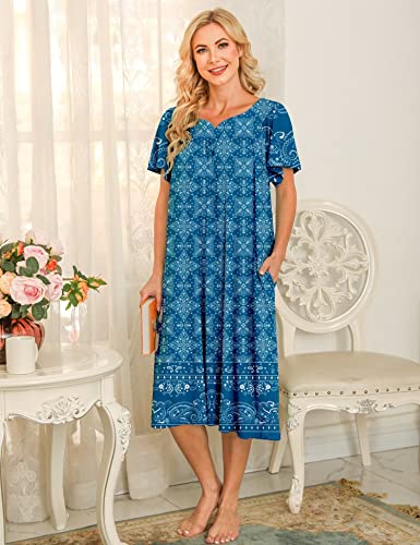 Image of Bloggerlove Mumu House Dress for Women with Pockets Short Sleeve Nightgowns | 15% Cotton, 80% Polyester, 5% Spandex, Floral Mumu House Dress, V-Neck, Short Sleeves, Midi Length, 2 Side Pockets, Lounging