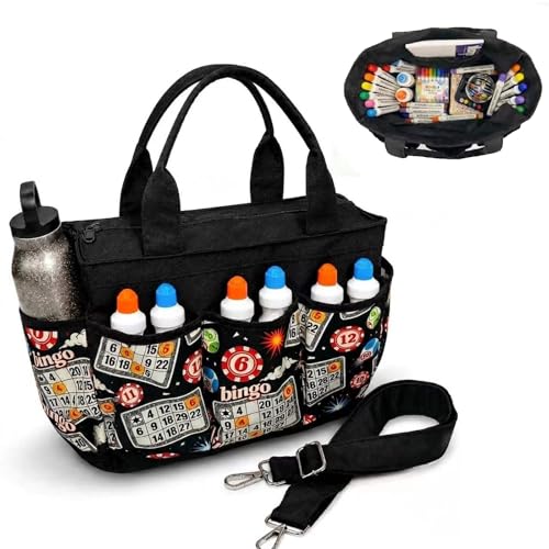 Bingo Bag with Pockets for Daubers, Lightweight Bingo Dauber Bag for Game Night, Crossbody Shoulder Tote for Bingo Accessories & Supplies, Black