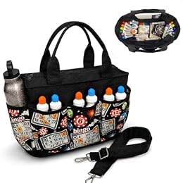 Bingo Bag with Pockets for Daubers, Lightweight Bingo Dauber Bag for Game Night, Crossbody Shoulder Tote for Bingo Accessories & Supplies, Black
