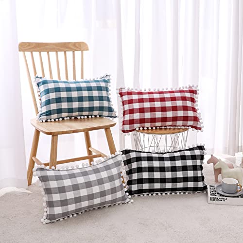 Red White Throw Pillow Covers Buffalo Check Plaid Pillow Shams 18 X18 Inches Cushion Covers, Tartan Farmhouse Decorative Pillowcase With Pompoms For Sofa Couch Car Bedroom, Set Of 2, Red And White #TOP6