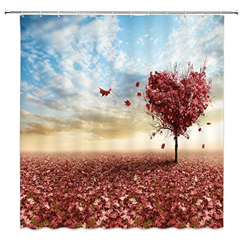 BCNEW Maple Tree Shower Curtain Decor Autumn Fall Red Fallen Leaves Heart Love Creative Plant Decorative Bathroom Curtain Polyester Fabric Machine Washable with Hooks 70x70 Inches