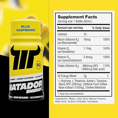 MATADOR Energy Shots Extra Strength Mini Energy Drinks w/B Complex Vitamins (Vitamin B12-B9-B6-B3), Alpha GPC Nootropic Focus, Coffee Bean Extract Caffeine Shots, 24 Shot Count Blue Raspberry