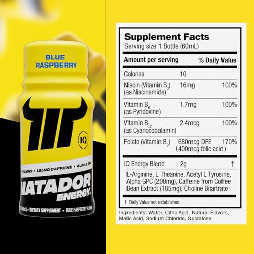 Image of MATADOR Energy Shots Extra Strength Mini Energy Drinks w /B Complex Vitamins (Vitamin B12-B9-B6-B3), Alpha GPC Nootropic Focus, Coffee Bean Extract Caffeine Shots, 24 Shot Count Blue Raspberry