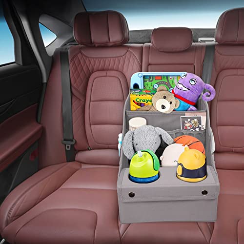 Image of MULISOFT Car Backseat Organizer with 11 Pockets & 2 Cup Holders, Pure Gray | Made from durable Oxford fabric with a waterproof surface, anti-slip buckles, and a foldable design for easy storage.
