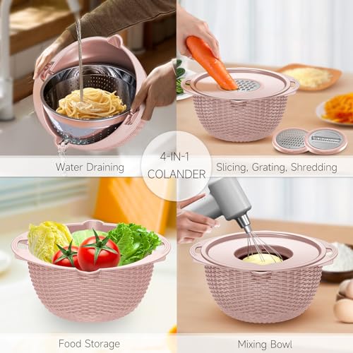 Juego de colador con cuenco para mezclar, colador de alimentos de cocina para pasta, arroz, frutas y verduras, ideal para preparación de ensaladas y artículos esenciales para el hogar