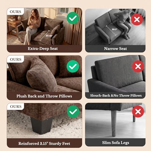 Image of Loveseat Sofa with Cloud 3-Layer Cushion & 27 inch Deep Seat, Modern Love Seat Small Couch with 2 Washable Pillows for Small Spaces, Bedroom, Apartment, Office, Living Room, in a Box, 50-Inch Cocoa Brown