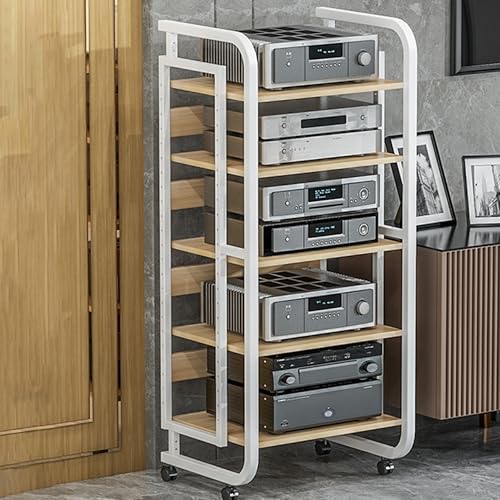 Image of AV Media Stand - Audio Cabinet & Stereo Rack with Wheels, Open Storage for Home, Office, Theater & Recording Room(White,50 * 42.5 * 110cm)