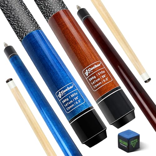 Pool Cues Set of 2, 58" 2-Piece Pool Sticks for Adults, Maple Wood Billiard Cue Sticks for House Bar, 13mm Tip, Imitation Linen Wrap, 2 Different Colors and Weights Blue+Brown