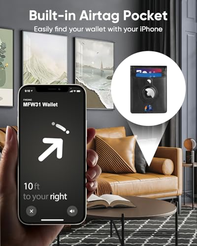 Miroddi Airtag Wallet for Men, Slim Leather Mens Wallet with Airtag Holder, 10 Cards High Capacity Men's Wallet with Cash Slot, ID Window, RFID Blocking Card Holder Wallet with Gift Box, Black2