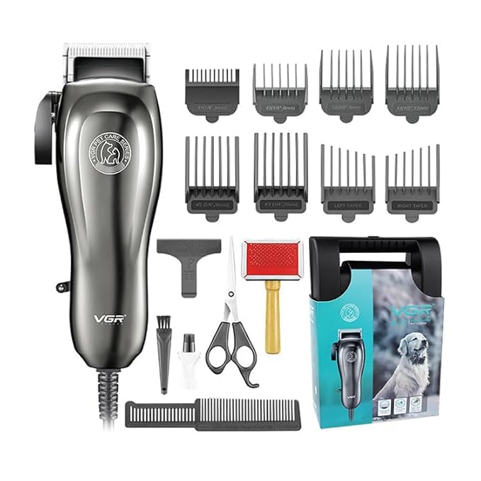 Image of VGR V-206 Professional Pet Hair Clipper for Dogs & Cats | Low Noise, Corded Grooming Kit with Adjustable Blades & 8 Guide Combs for Long & Short Hair | Best Dog & Cat Trimmer - Silver