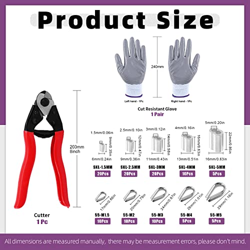 Swpeet 122Pcs Cable Wire Rope Cutter Tool Set, 8 Inch Cable Cutter Up To 5/32", With 5 Size Aluminum Double Crimping Loop Sleeve, 5 Size Stainless Steel Thimble And Cut Work Resistant Gloves #TOP1