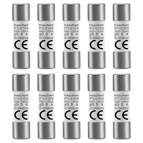 Heschen RT18-32 (RO15) Cylindrical Ceramic Fuse 10x38mm, 5A 500V AC, 100kA gG Class - Fast Acting Replacement for Industrial Control Panels (10 Pack)