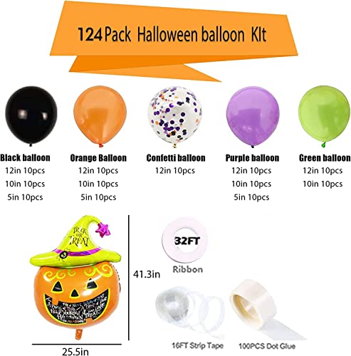 124 Pack Halloween Balloon Arch Garland Kit, Black Orange Green Purple Confetti Balloons And Mylar Pumpkin Balloon For Kids Halloween Birthday Party Decorations Supplies #TOP3