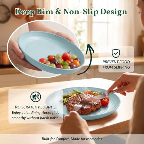Image of Homienly Wheat Straw Deep Plates 9 Inch Unbreakable & Lightweight Plastic Dinner Plates Alternative for Dessert, Sandwich 8 PCS Microwave & Dishwasher Safe Reusable Plate for Camping, RV-Light Blue
