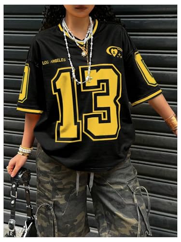 SOLY HUX Jersey Shirts for Women Number Graphic Print V Neck Baggy Tees Hip Hop Streetwear3