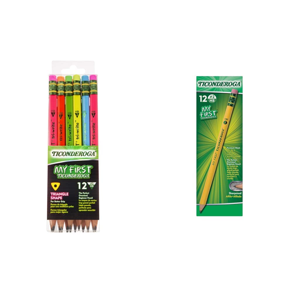Ticonderoga My First Tri-Write Wood-Cased Pencils, Neon Colors, 12 Count (X13012) My First Pencils, Wood-Cased Soft, Pre-Sharpened, 12 Count (X33312)