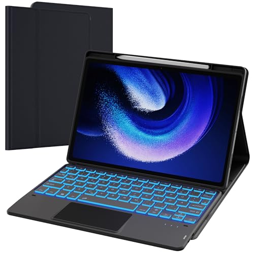 ROOFEI für Xiaomi Pad 6/Pad 6 Pro 11 Zoll Hülle mit Tastatur (QWERTZ-Layout) : 7-Farbiger Beleuchtung, Smart Touchpad, Abnehmbare Tastatur Hülle mit Stifthalter, Schwarz