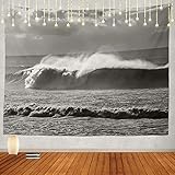ANLAI サイケデリックなビーチの岩の多い海岸線にぶら下がっている黒と白の海の波のタペストリーの壁家の装飾のための寝室の居間 200cm x150cm
