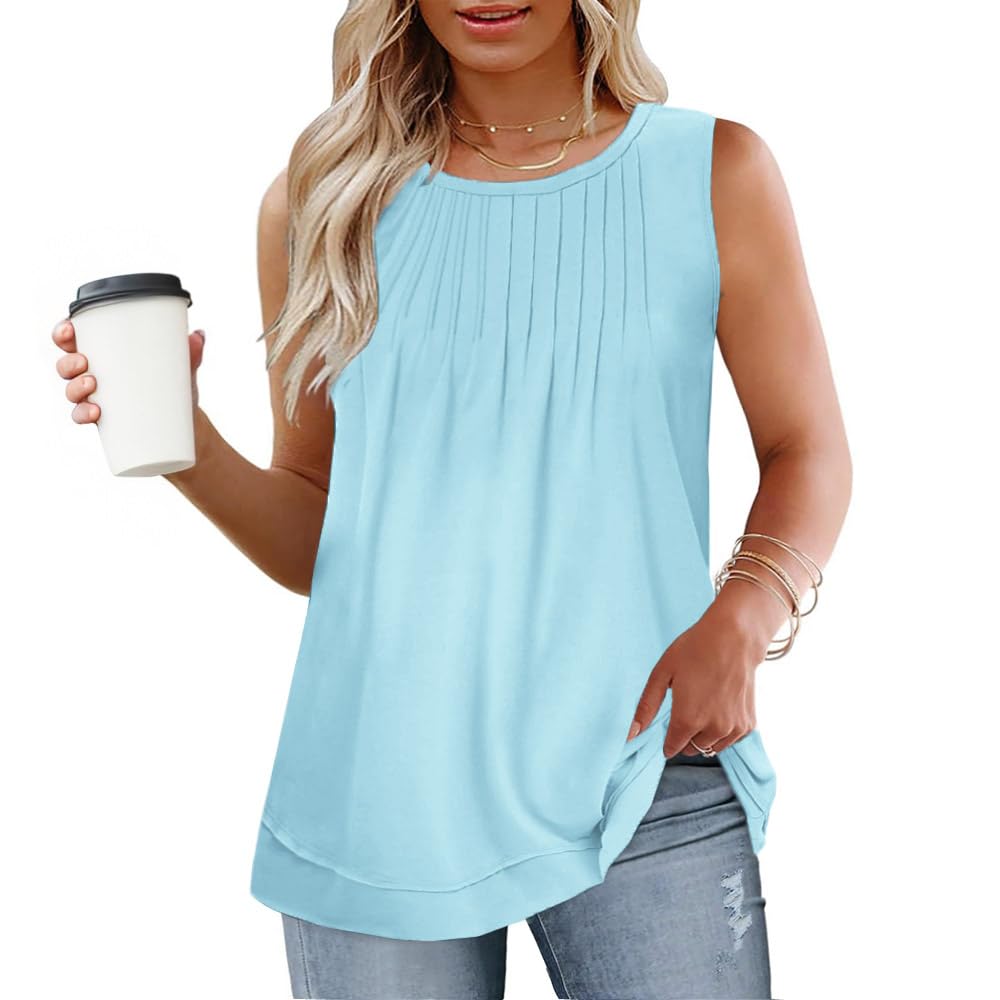 ROSRISS Women's Plus Size Sleeveless Pleated Shirts Dressy Loose Fit Tops Summer Casual Crew Neck Tank Tops XL-5XL