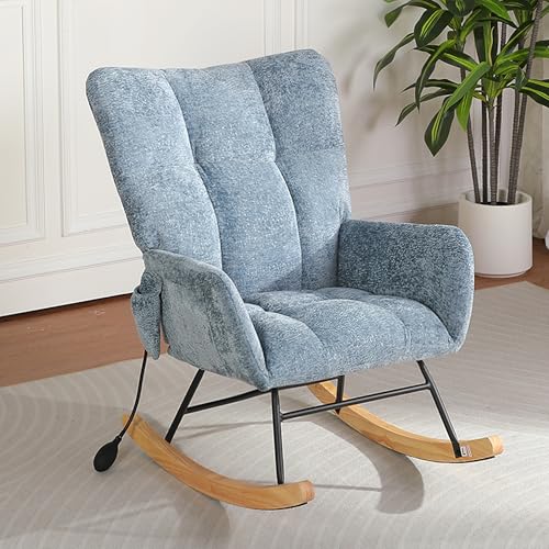 Image of Rocking Chair Nursery with Airbag, Comfy Modern Nursery Rocking Reading Chair Indoor, Cozy Upholstered Glider Rocker Chairs for Living Room Bedroom Offices, (Chenille, Blue)