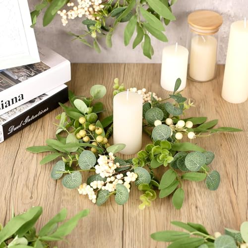 Image of 6 Pcs Green Eucalyptus Candle Rings Wreaths Spring Summer Kitchen Cabinet Wreaths Mini Green Berry Leaves Candle Wreath for Pillars Farmhouse Festival Wedding Celebrations Tabletop Decoration