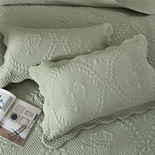 Image of EVENHUG Oversized King Bedspreads California King Quilt Set with Pillow Shams Extra Wide Large King Size Quilts Lightweight Coverlet Bedding Sets Sage Green 120 inchx128 inch