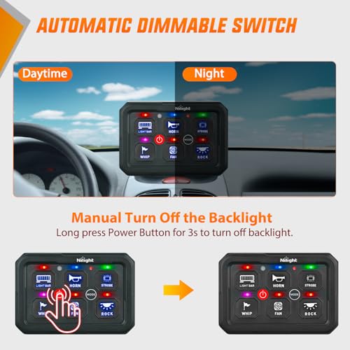 Image of Nilight 6 Gang Switch Panel Green 12V 60A Circuit Control System 4-Mode | Fuse Wiring Harness Automatic Dimmable LED Pod Toggle /Momentary /Strobe /Flash Modes for Car Pickup Truck Camper SUV