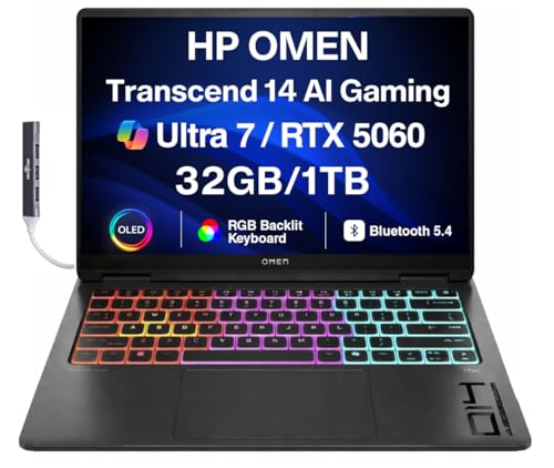 HP OMEN Transcend 14 AI Gaming Laptop 14.0' 120Hz 3K OLED 500 nits Display (Intel Ultra 7-255H, GeForce RTX 5060 8GB, 32GB LPDDR5X, 1TB SSD, RGB KB, Thunderbolt 4, Win11Pro) w/DKZ USB Port Expander