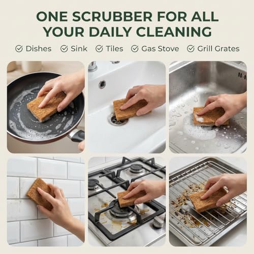 Image of (Pack of 10) for Dishes | 100% Natural Coconut Dishwashing Scrubber | Scratch Free for Non-Stick & Stainless | Eco-Friendly & Biodegradable