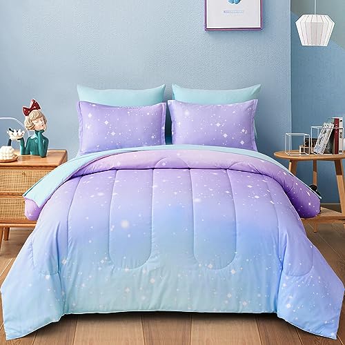 Drucon Rainbow Kids Comforter Set for Girls,6 Pieces Bed in a Bag Twin Size, Ultra Soft Microfiber Bedding Set(1 Comforter, 1 Flat Sheet, 1 Fitted Sheet, 1 Pillow sham, 2 Pillowcases)