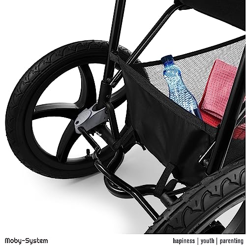 Moby-System Runner Mountain Dreirad-Kinderwagen mit Regenschutz, 15 kg Belastbar - Kinderwagen Zubehör Set mit 5-Punkt-Gurt, Reflektoren, Sichtfenster & Ablagekorb - Schwarz