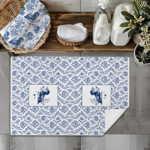 Image of Chinoiserie Dachshund Kitchen & Hand Towels Set of 2, Blue and White Floral Dog Dish & Tea Towels for Kitchen Bathroom Decor, Vintage Toile Dog Lover Gifts for Women 16x24 Inch