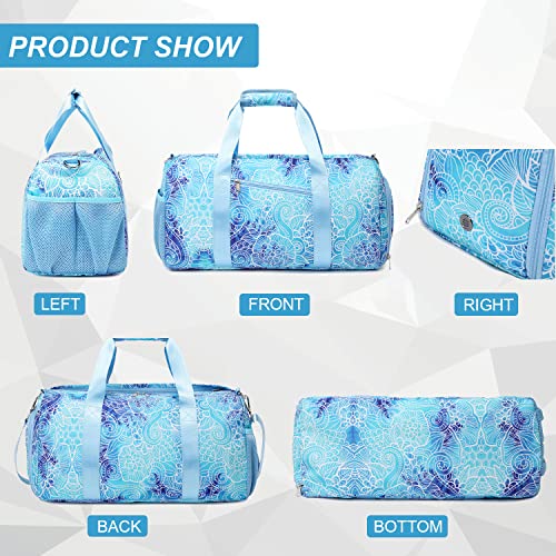 Girls Duffle Bag Weekender Duffel Sport Gym Bag with Shoe Compartment Wet Pocket for Women Girls Dance Bag (Blue Flower)