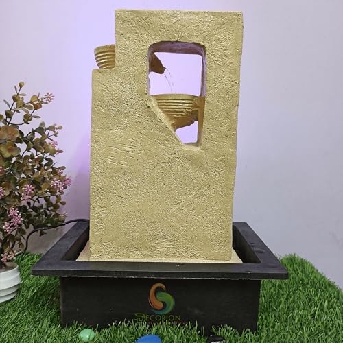 Image of Golden Leaf Diya Decorative Table Top Water Fountain for Home Decor /Office /Indoor & Outdoor /Garden /Puja Room /Vaastu with Multicolor LED Light and Adjustable Water Pump (GOLD LEAF DIYA D-044)