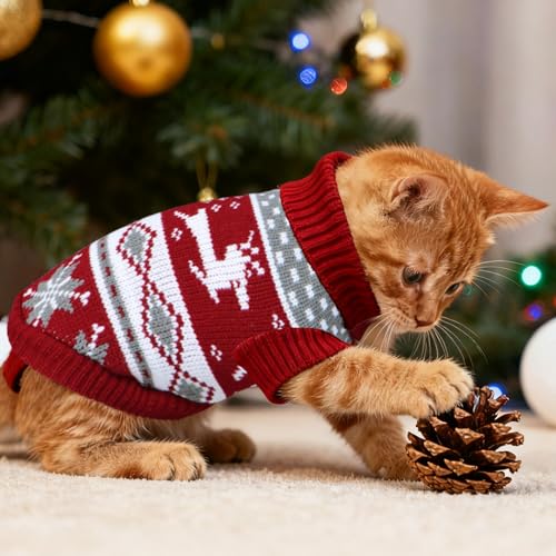 Cat Christmas Sweater Pet Winter Warm Coat Pajamas Reindeer Snowflake Knitwear Cat Sweater for Cats Kitty Puppy (Reindeer, S) - Image 3