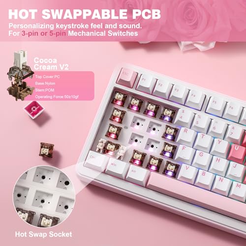Image of YUNZII B75 PRO Wireless Mechanical Keyboard,75% Layout with Knob,Hot Swap Gasket Structure,Creamy Pre-lubed Switches,RGB Backlit,Bluetooth /Type-C /2.4G for Win /Mac (White, Cocoa Cream V2 Switch)
