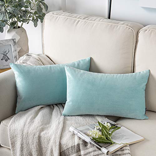 Phantoscope Pack of 2 Velvet Decorative Throw Pillow Covers Soft Solid Square Cushion Case for Couch Light Blue 12 x 20 inches 30 x 50 cm
