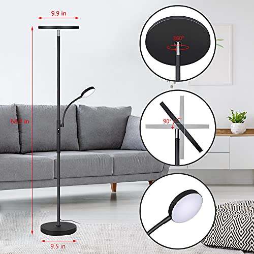 Dimunt Floor Lamp Led Floor Lamps For Living Room Bright Lighting, 27W/2000Lm Main Light And 7W/350Lm Side Reading Lamp, Adjustable 3 Colors Tall Lamp With Remote & Touch Control - Aterrimus #TOP2